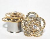 Beautiful Gold Crystal Rose Plugs 1/2" 9/16" 5/8"  13mm 14mm 16mm
