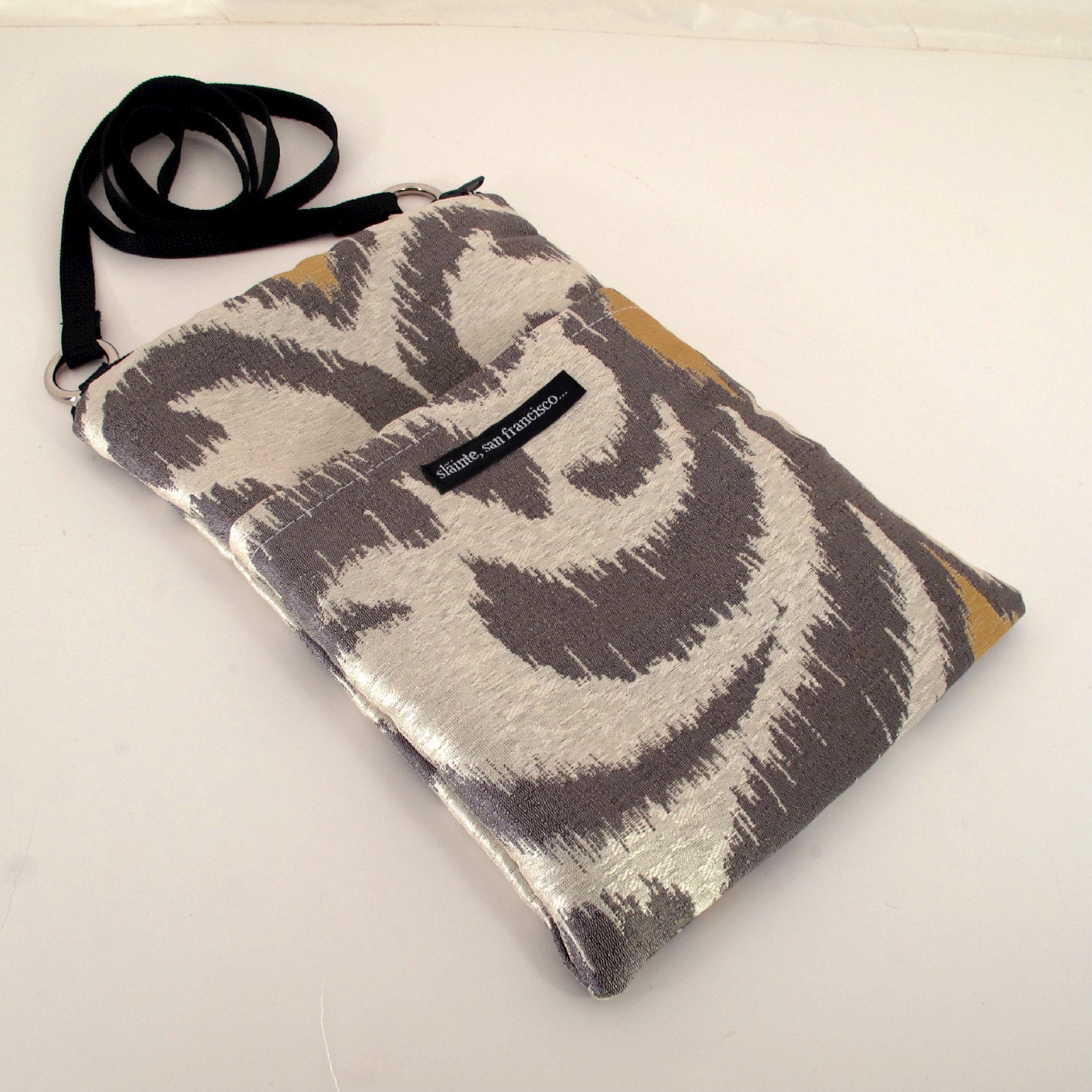 SMALL HIP BAG. Silky grey and gold fabric. Mini iPad Carrier. Travel Bag. Cross Body. Small Messenger. Made in America.
