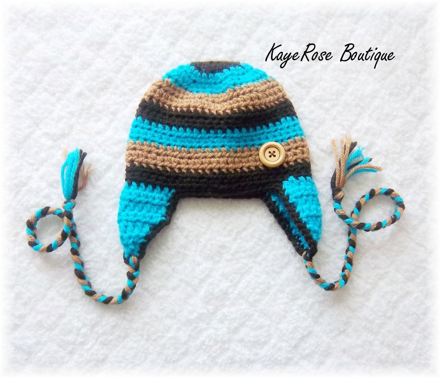 Baby Boy Crochet Striped Ear Flap Hat  3-6 Months Blue and Brown Stripes