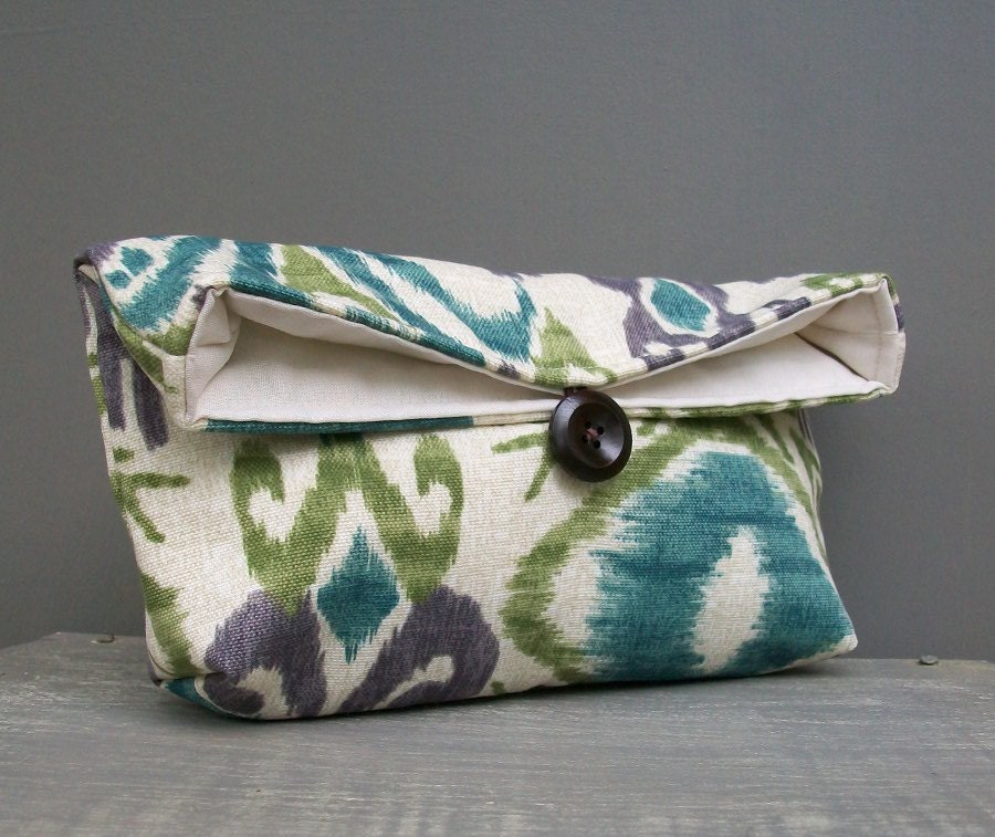 Teal Blue, Purple, Olive Green, and Tan Ikat Clutch Purse, Bridesmaid Gift, Travel Makeup Bag, Gift for Her, Mom, Girlfriend, Wife