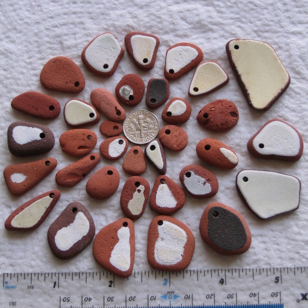 34 Sea Beach Pottery Brick Pendants and Charms Top Drilled 2mm holes Supplies (1550)