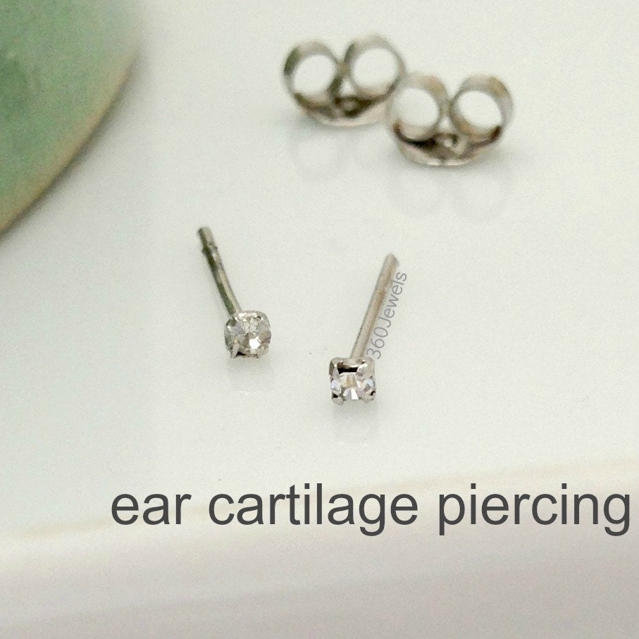 Super Tiny Diamond Earrings Stud for Men - White Gold Plated over Silver - Cartilage Helix Tragus Daith Rook Snug -  XXS 1.5mm (no.421F)