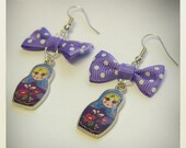 Matryoshka Russian doll Earrings, violet bow