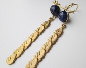 Long Leaf Dangles. Blue Lapis. Stamped Brass. Nature. Leaves. Art Deco Style.