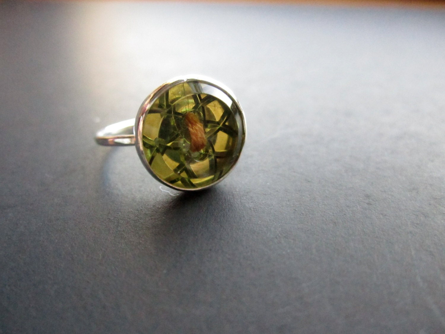 Green Button Ring - size 7.25 - sterling silver