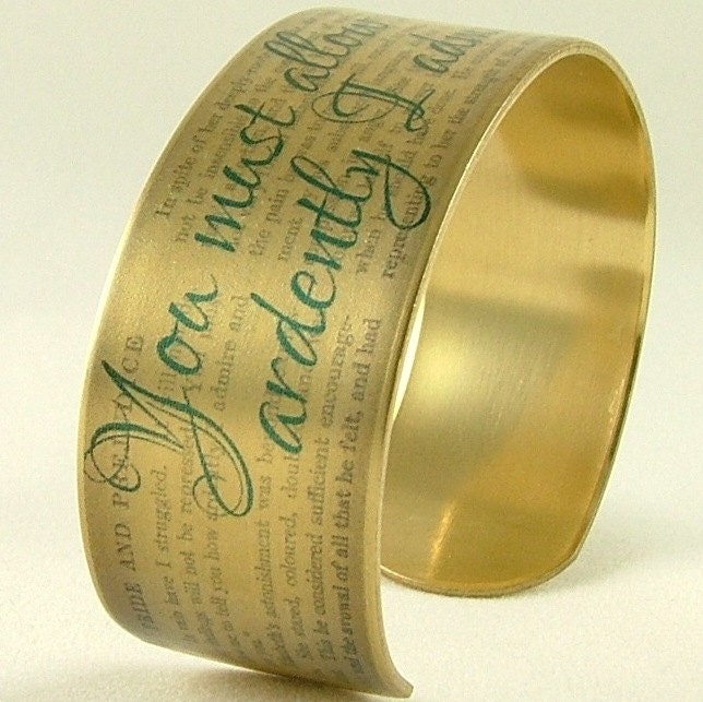 Pride and Prejudice Jewelry - Mr Darcy Proposal Quote - Jane Austen SLIM Brass Cuff Bangle in Blue