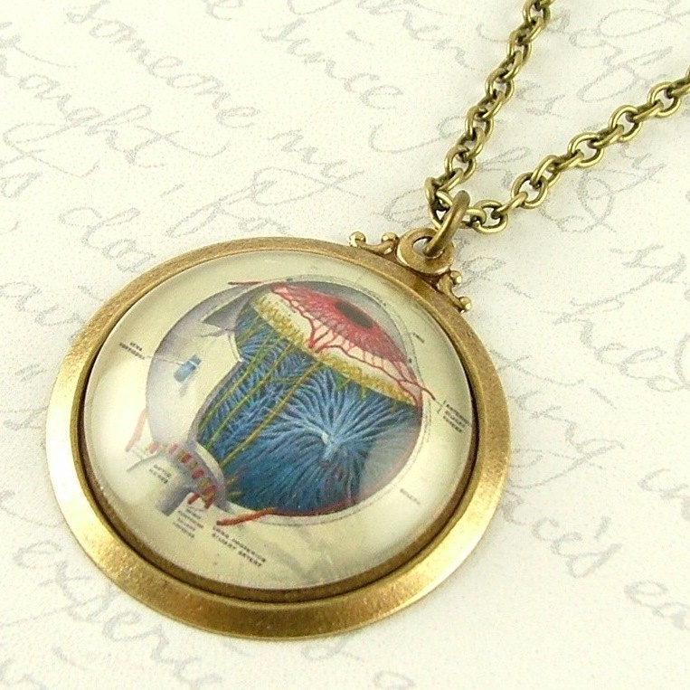 Anatomy of the Human Eyeball Brass Glass Necklace - Opthamologist Jewelry - Medical Eye Diagram