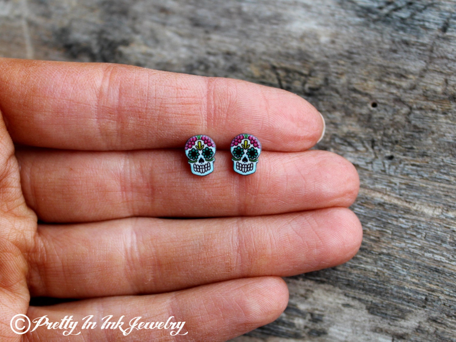 Tiny Day of the Dead Colorful Sugar Skull Earrings