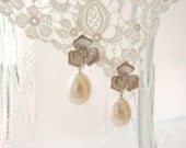 Silver flower and pearl drop earrings, bridal wedding formal dangle white ivory pearls
