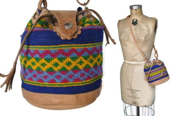 Leather and Kilim Bucket Bag / 1970s purse