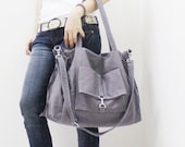 MAY Sale - GRAY Canvas Women Double Straps Shoulder Bag, Tote, Crossbody Messenger, Diapers Bag, Laptop, School Bag, Handbag - EZ