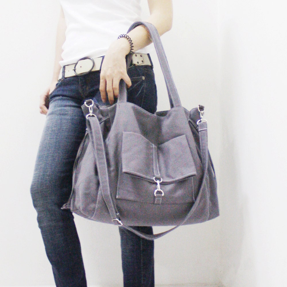 MAY Sale - GRAY Canvas Women Double Straps Shoulder Bag, Tote, Crossbody Messenger, Diapers Bag, Laptop, School Bag, Handbag - EZ