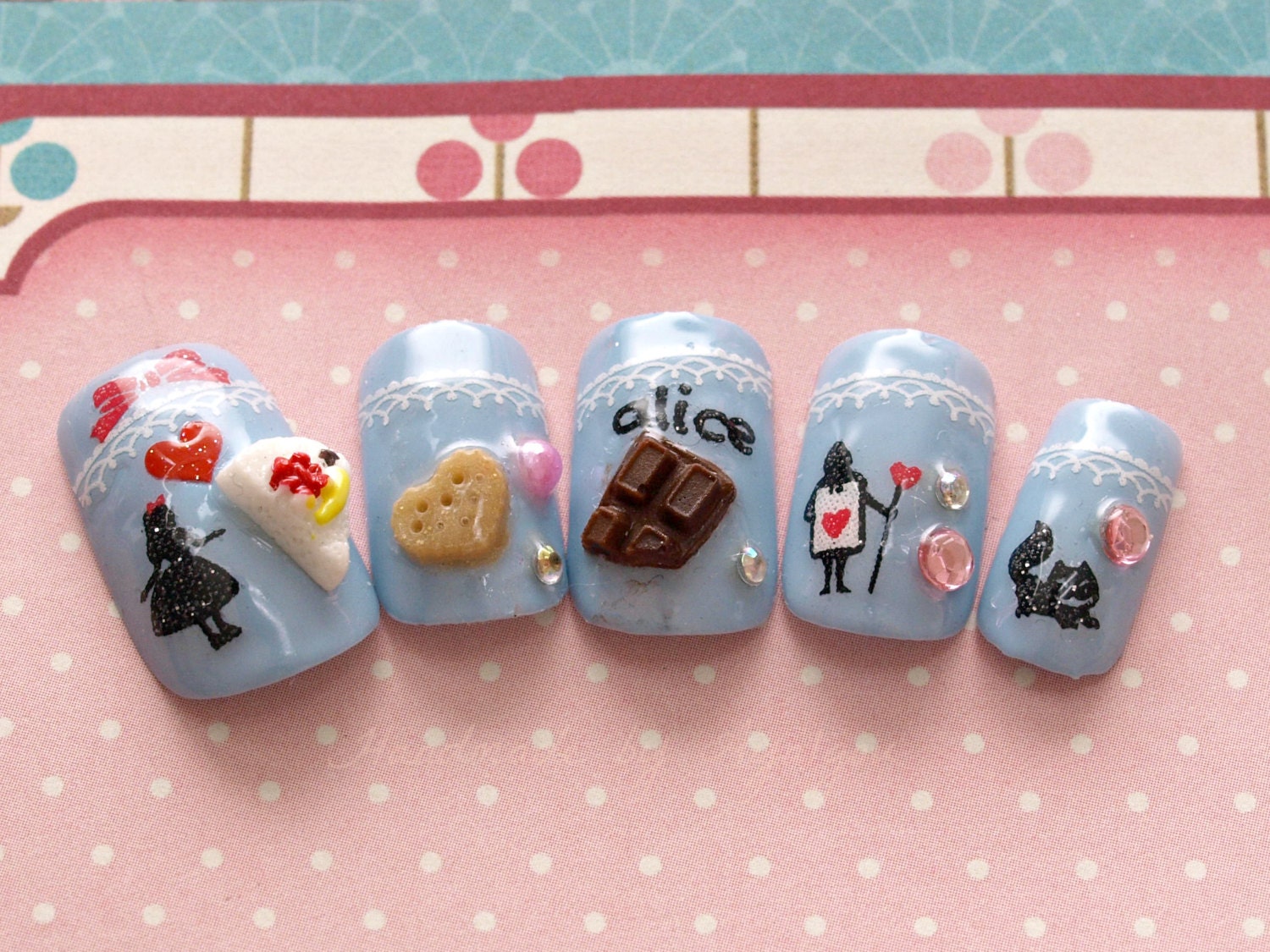 Kawaii nails, 3D nails, sweet lolita, alice in wonderland, cosplay, aqua blue, fake sweets nail art