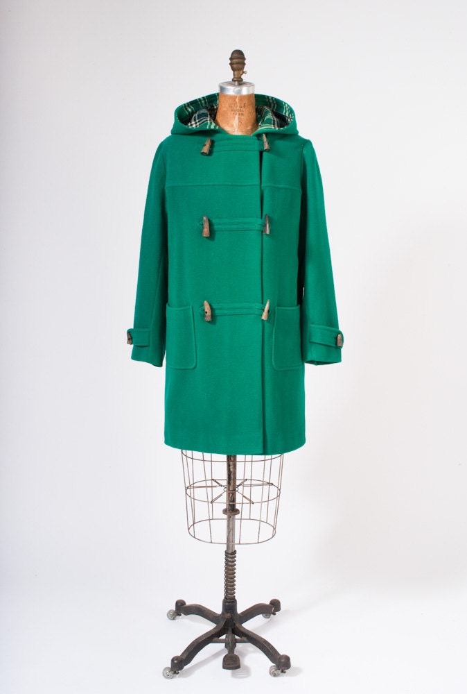 1960s Green Wool Duffel Coat - George White Fort Brockhurst - Made in England - Horn Toggles - Plaid Wool Lining