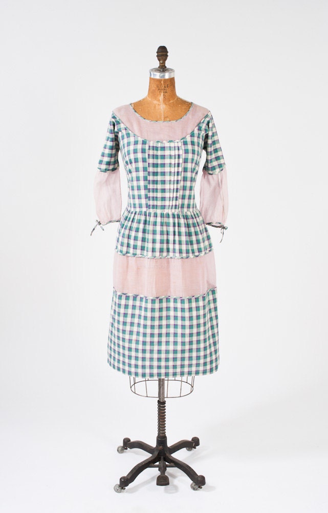 1930's Country Gingham Dress - Blue Green Cotton Plaid - Prairie Schoolgirl Shift