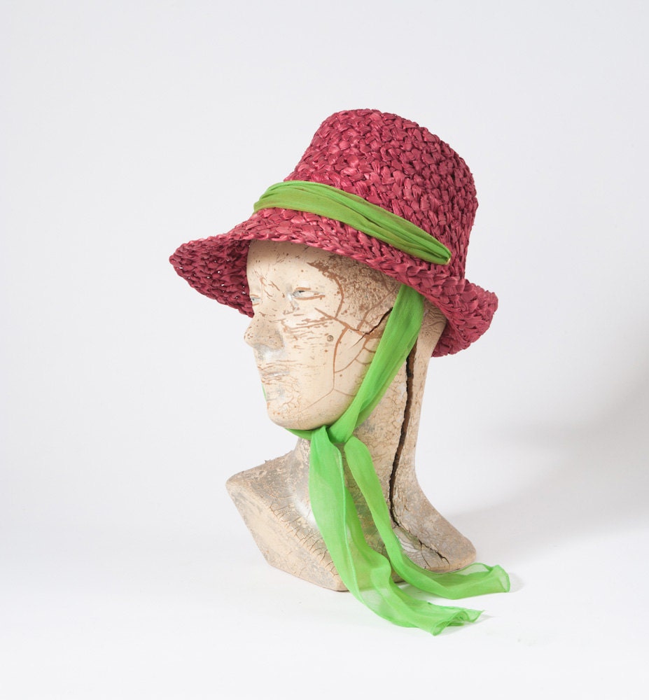 1960's Rose Pink Raffia Hat with Green Hat Band Scarf - Fedora Sun Hat