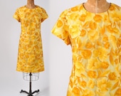 Vintage 1960's Yellow Silk Dress 60's Floral Burnout Silk Dress