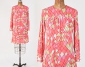 Vintage 1960's Mod Pink Mosaic Dress Jersey Pastel Summer Shift
