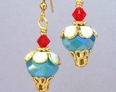 Little cupcake earrings, aqua, white and Swarovski red crystal