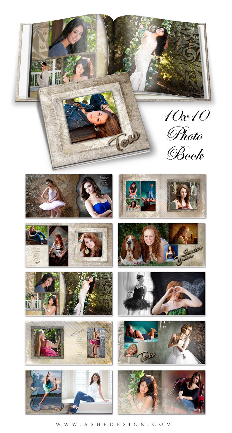 Album/Photo Book - TESS -  Photoshop Templates for Photographers. 10x10 Square Album/Photo Book - 20 Pages Plus Cover Design