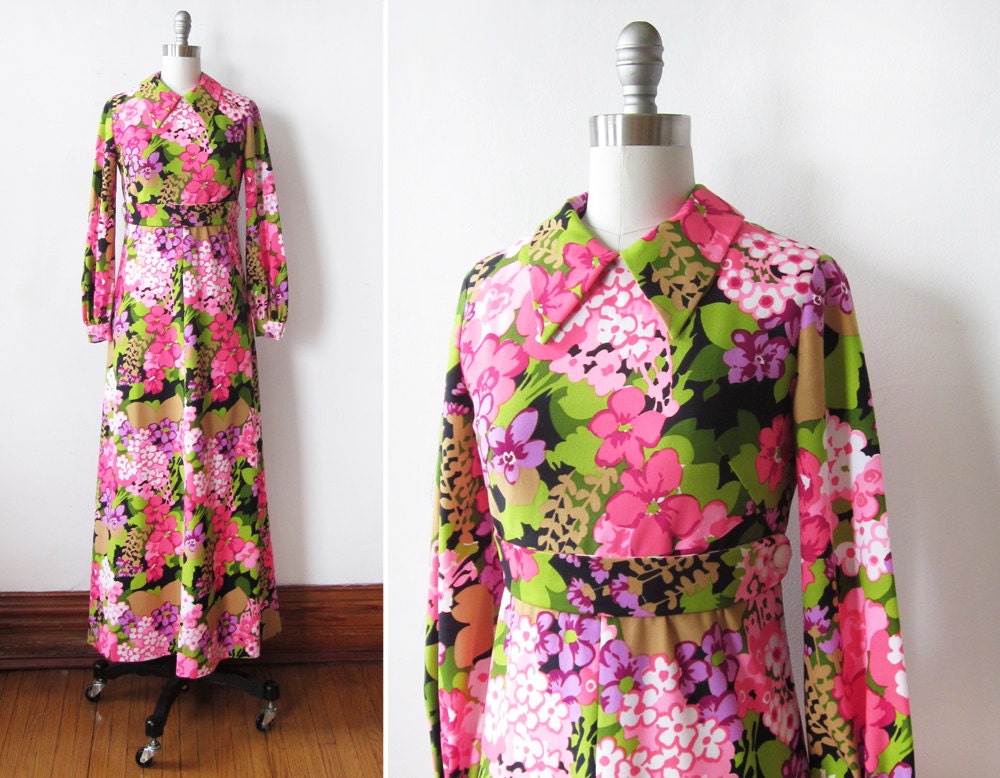 floral maxi dress / vintage 60s pink floral maxi gown / 1960s flower child floral print dress