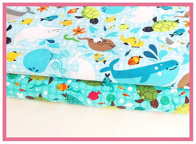Robert Kaufman Friendly Seas Main in Ocean and Turtles in Surf Fabric Duo 2 yards