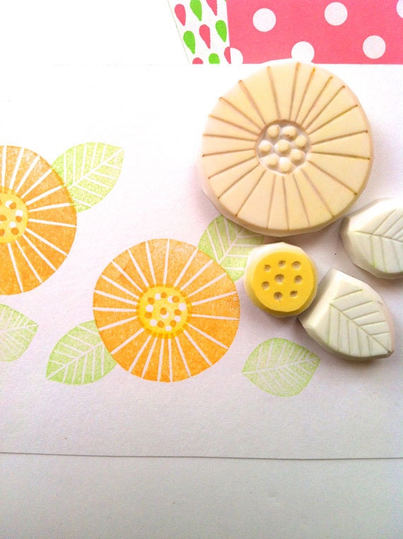FLOWER hand carved rubber stamp. hand carved stamp. margaret flower stamp. set of 4.