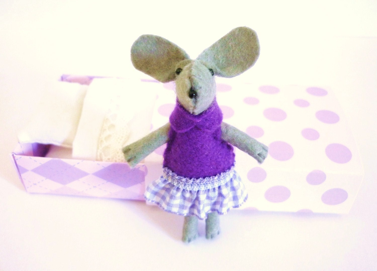 Violet lilac chevron stuffed animal felt mouse in match box bed