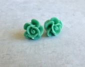 Beautiful Bloom Flower Post Earrings Turquoise Blue Green Ruffle Roses