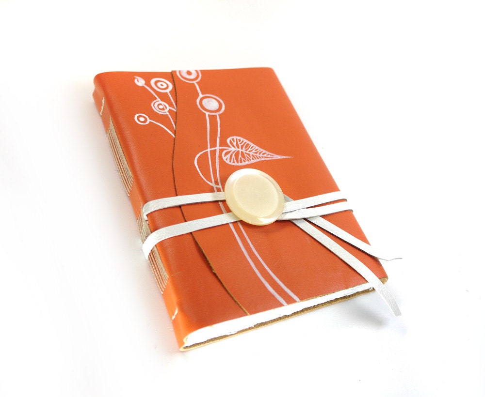 Leather Notebook, Orange Diary, Journal -  Hand Painted Orange Leather Cover, blank white thick paper