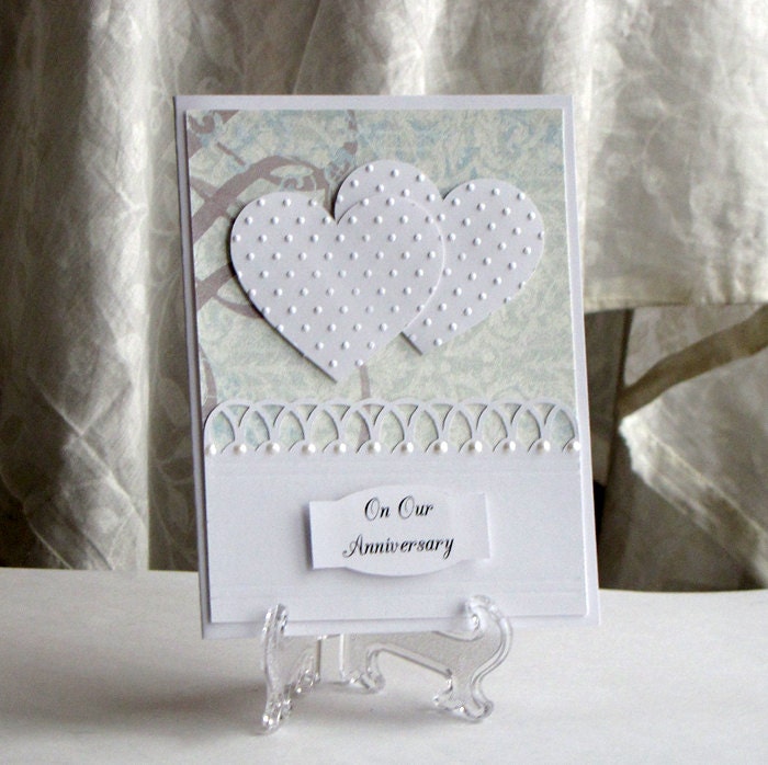 On Our  Anniversary Card - Custom - blue - Two Hearts - handmade greeting card