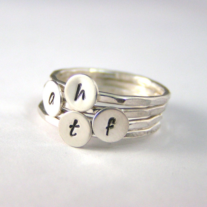 Custom Initial Rings, Personalized Set Of 4 Mothers Stack Initial Rings, Sterling Silver Rings, Script Font