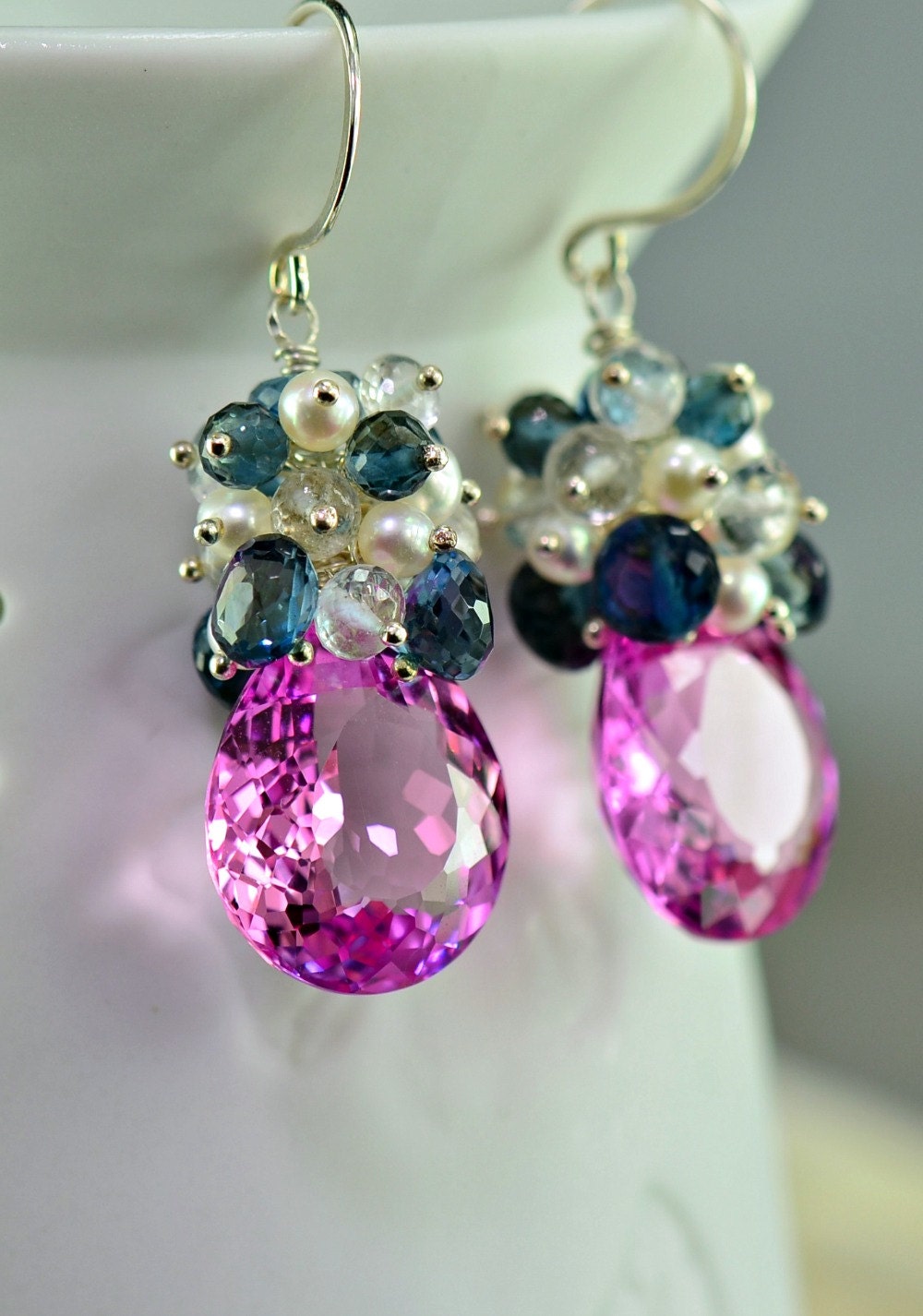 SALE-Pink Topaz Dangle Gemstone Earrings, London Blue Topaz, Pearls, Sterling Silver Wire Wrapped Earrings