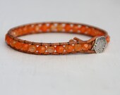 Beaded Leather Wrap Bracelet, Orange Czech Glass, Bohemian, Spring, Summer