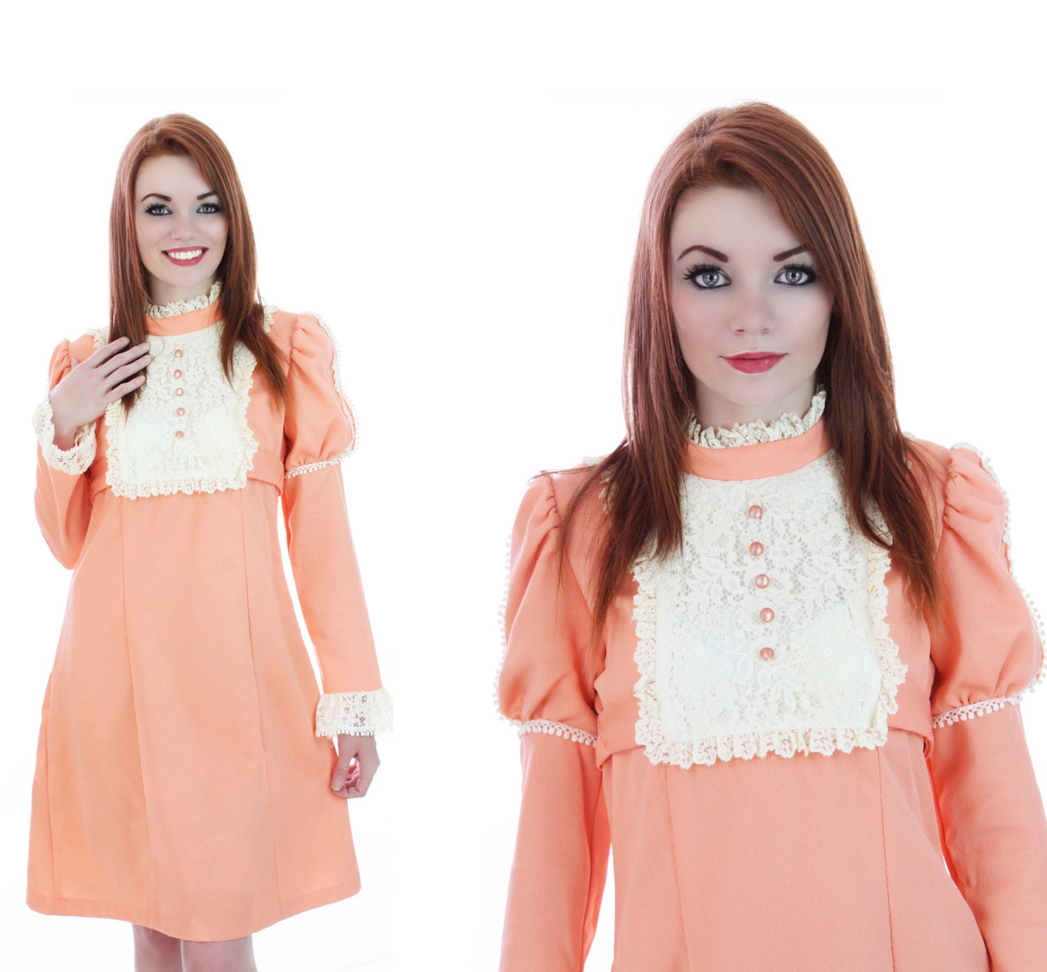Mod Lace Bib Dress 60s Babydoll Peach Mini With Lace Tuxedo Button Details Dolly 70s 1960s Small S Medium M