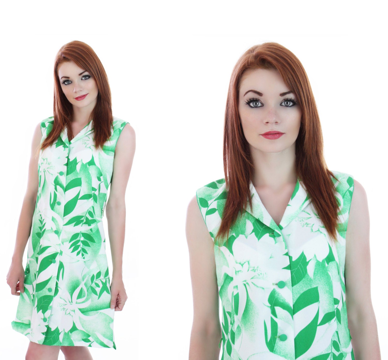 60s Mod Hawaiian Dress Vintage Green & White Floral 1960s 70s Small S Medium M