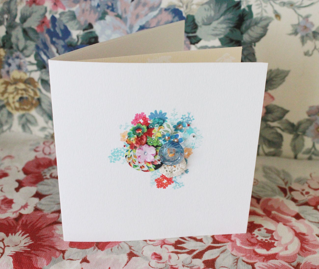 Fabric collaged 'floral arrangement' card - blank. (no.13)