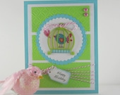 Happy Birthday card, personalized card, bird, aqua, green, pink for female, women, woman, girl