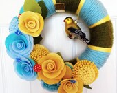 Finch in Blue and Yellow-  Felt and Yarn Wreath -  Retro Door Decoration in Blue and Yellow- Home Decor Art Textile - Ready To Ship