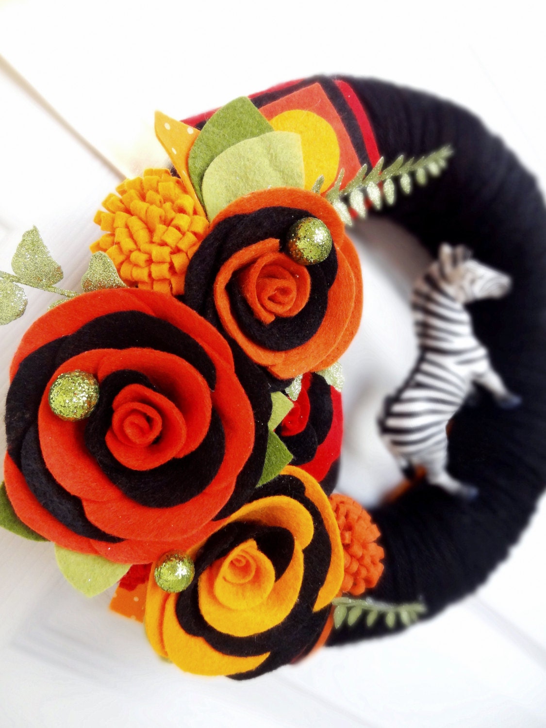 Safari-  The Original Felt Yarn Wreath -  Retro Door Decoration in Black, Orange, Red and Yellow- Home Decor Art Textile