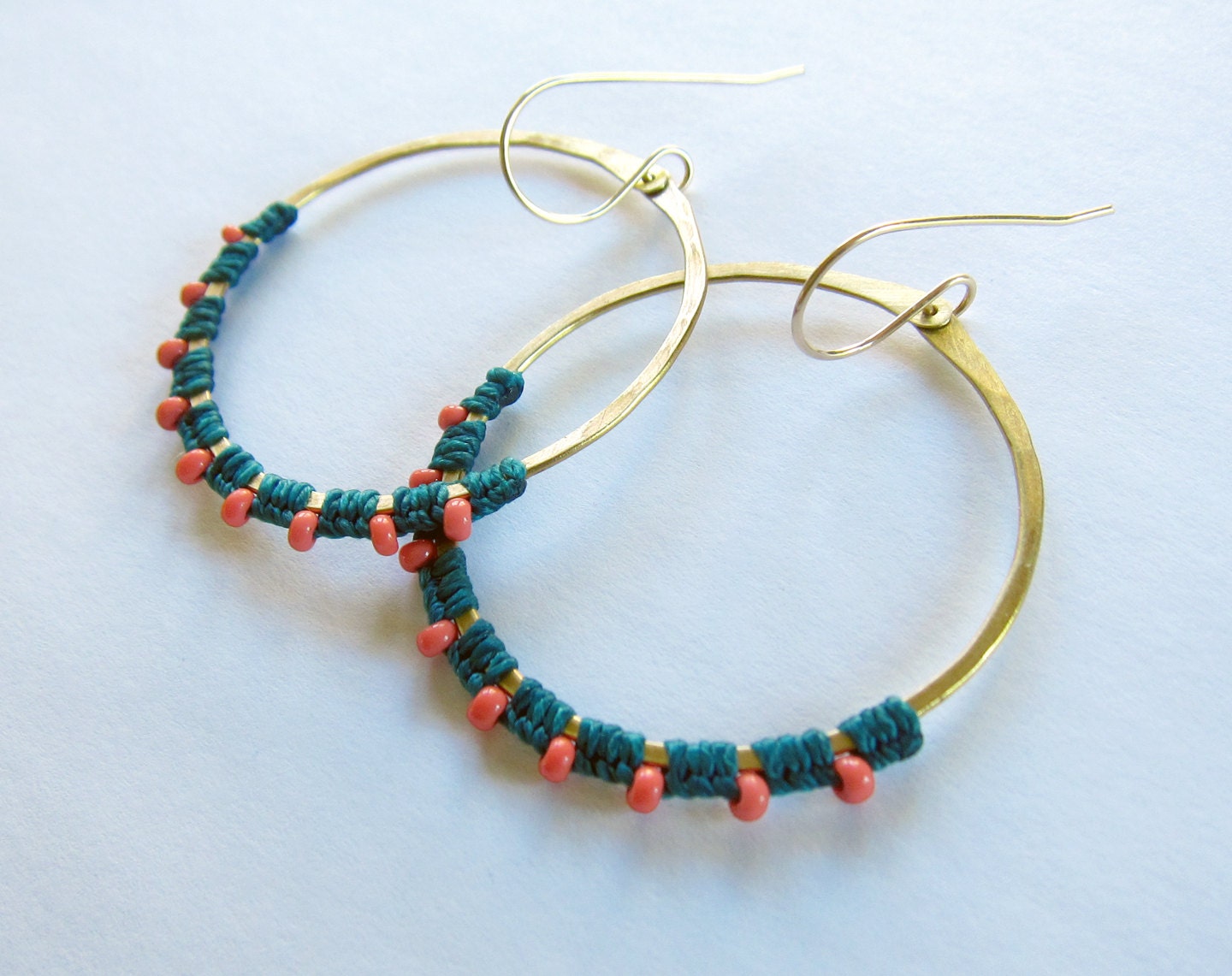 Full Moon Rising Hoops in teal and coral