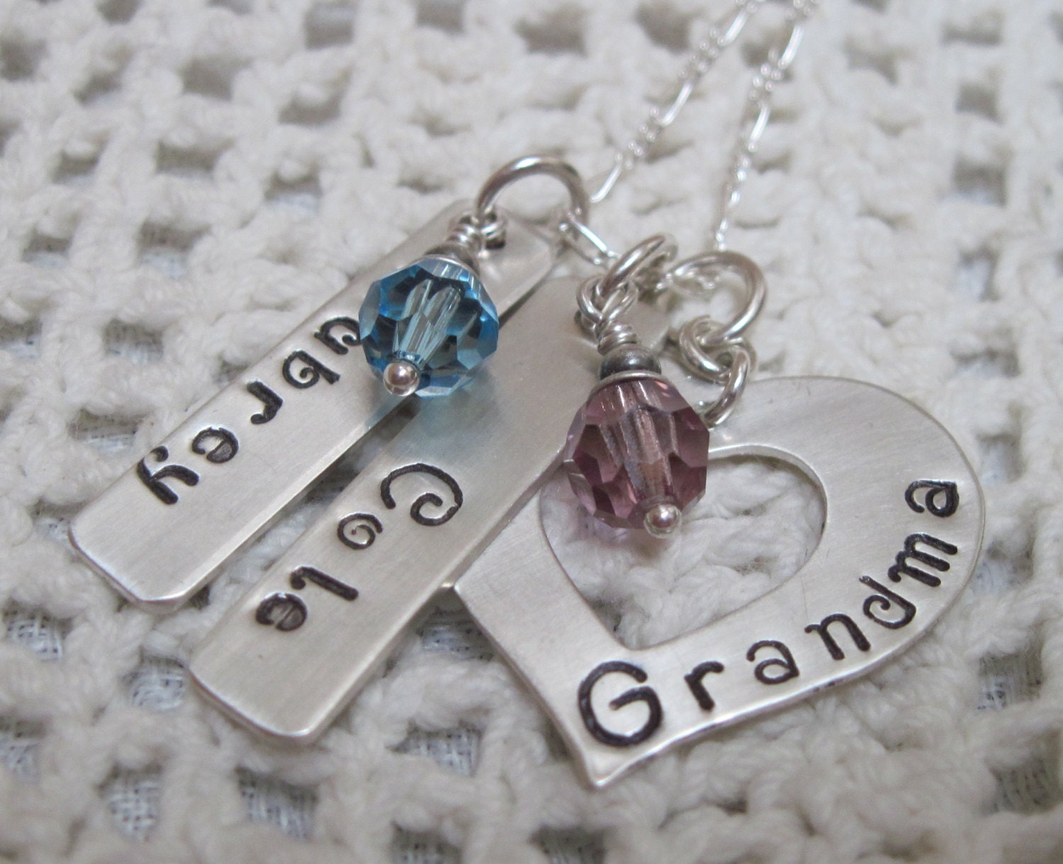 For Grandma - Sterling Silver  GRANDMA Heart Washer with Name Tags and Birth Month Crystal
