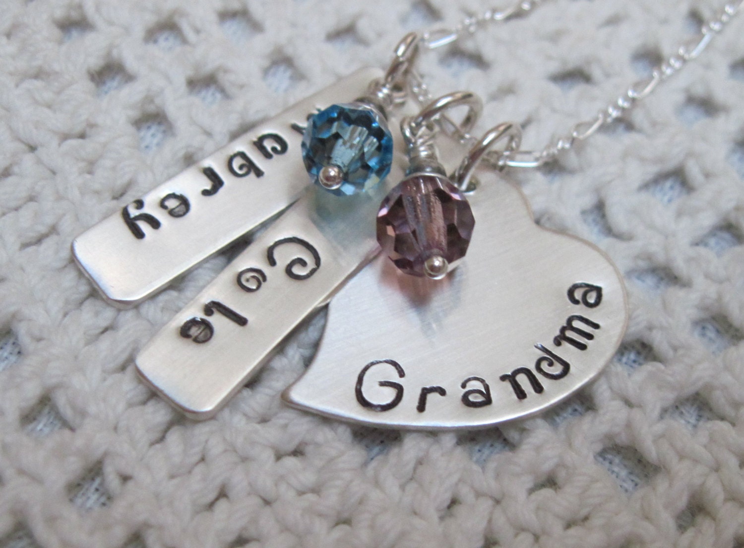 Gift for Grandma - Sterling Silver  GRANDMA Solid Heart  with Name Tags and Birth Month Crystal
