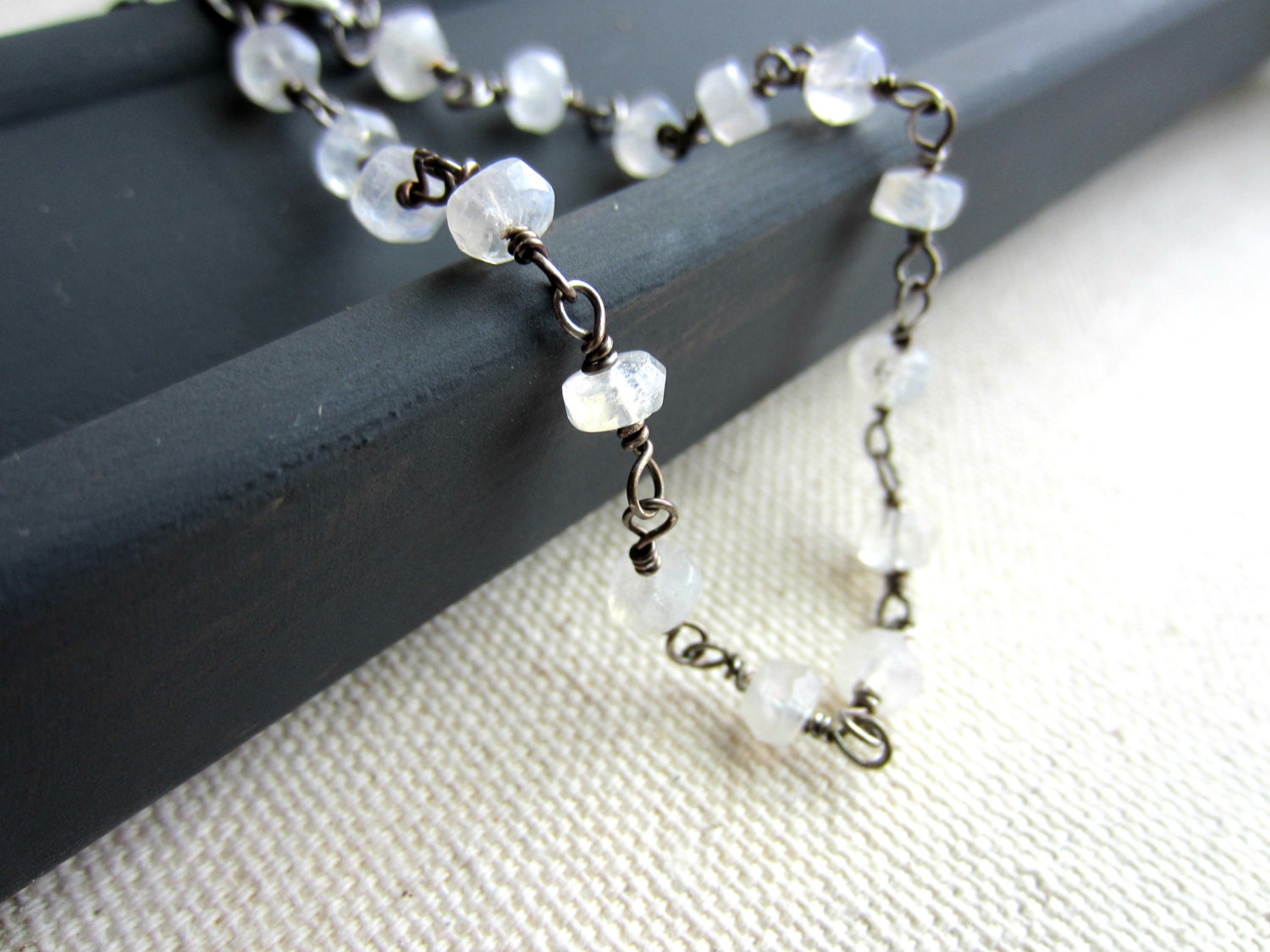 Rainbow Moonstone Sterling Silver Wire Wrapped Bracelet, Oxidized Sterling, Black and White Bracelet, Delicate