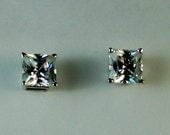 Vintage Square Cut and Faceted Faux Diamond Stud Earrings in 14K White Gold Mounts