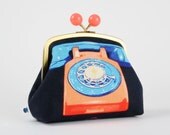 Color bobble pouch - Rotary in blue and peach - metal frame clutch bag