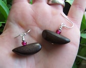 Chunky Wood Earrings with a Pink Sparkle on Sterling Silver Hooks