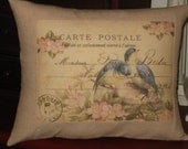 French Carte Postale Bird Pillow with French Script