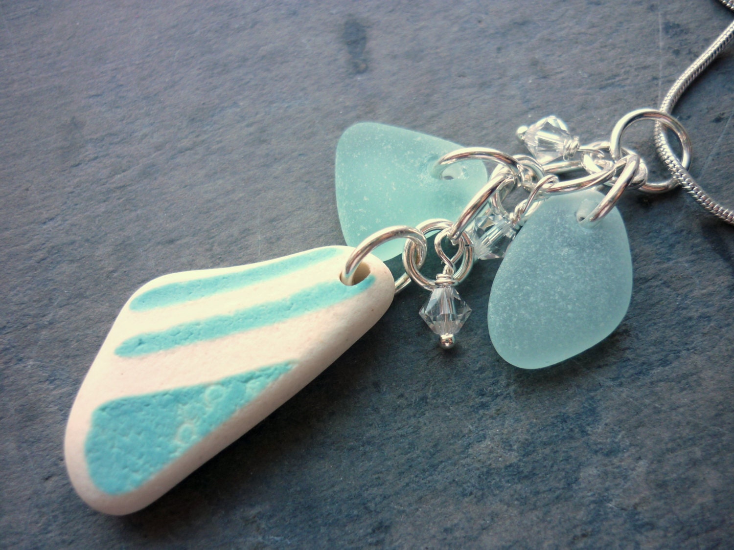 Aqua Sea Glass Necklace - Double Sided Beach Sea Pottery Pendant Swarovski