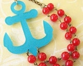Nautical Necklace Anchor Necklace Red Jewelry Bib Statement Necklace Red Necklace Turquoise Necklace